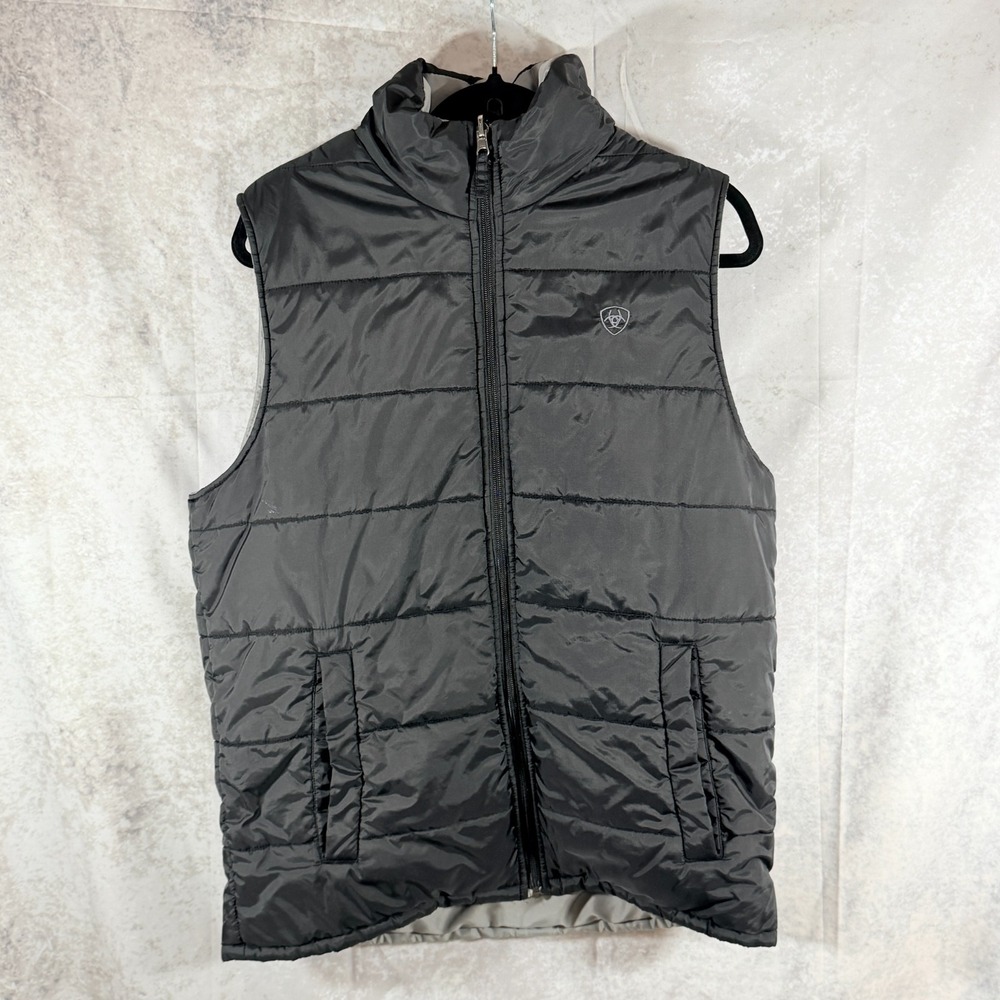 Ariat Reversible Vest Men's M Black Gray Quilted Puffer Outdoor Western Cowboy